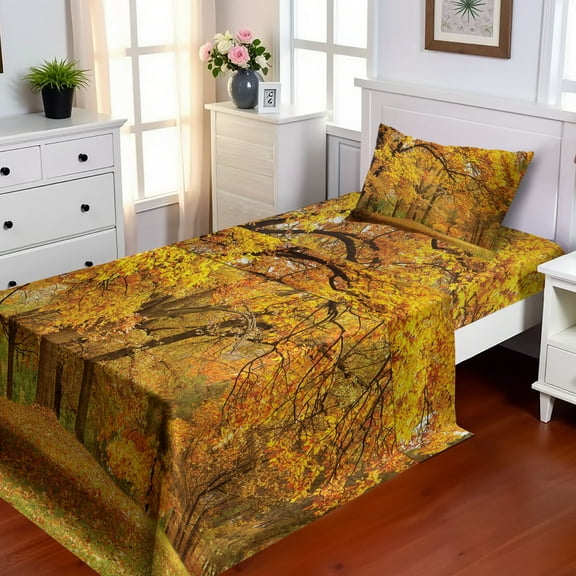 Ambesonne Scenery Fitted & Top Sheet Set with Sham, Fall Pale Maple Trees, Orange Brown