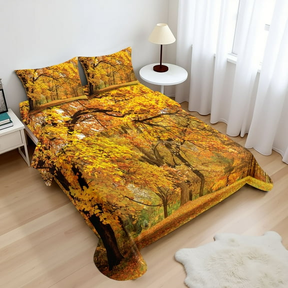 Ambesonne Scenery Fitted & Top Sheet Set with Shams, Fall Pale Maple Trees, Orange Brown