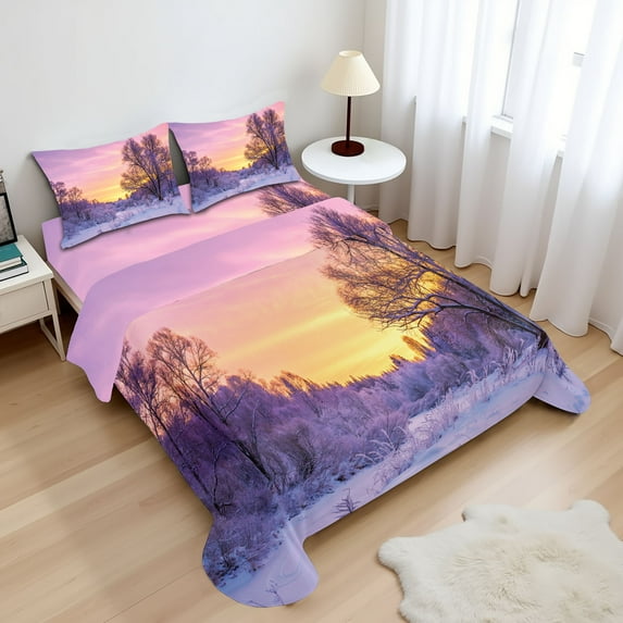 Ambesonne Winter Fitted & Top Sheet Set with Shams, Landscape with Sunset, Pink White