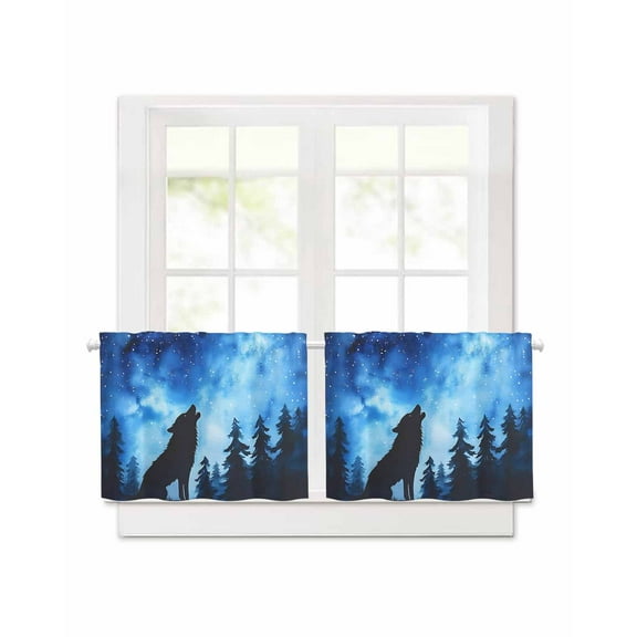Forest Short Blackout Curtains 30 Inch Long Wolf Stars Silhouette Night Blue Sky Rod Pocket Kitchen Curtains, 2 Panels Thermal Insulated Room Darkening Drapes for Bedroom, 42"W x 30"L
