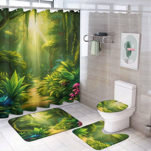 Forest Shower Curtain And Rugs Mat Set For Bathroom Bath Curtains Decoration Accessories Bathtub Screen 4 Pcs