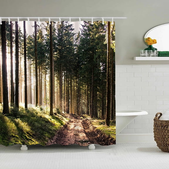 Forest Shower Curtain, Autumn Fall Forest Scene with Vibrant Colors and Leaves Tranquil Peace Nature, Cloth Fabric Bathroom Decor Set , 59.06x70.87inches