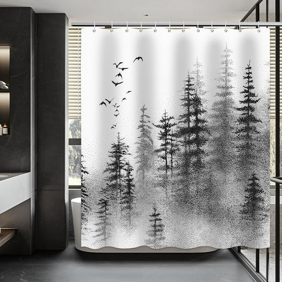 Forest Shower Curtain, Black and White Shower Curtain, Fantasy Forest Pine Tree Shower Curtain Set Waterproof Bath Curtain Bathroom Decor with 12 Hooks, 72x72 inches