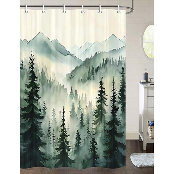Forest Shower Curtain, Forest Pine Tree Refreshing Woodland Wilderness Mountainside Landscape Shower Curtain for Bathroom, Fabric Nature Shower Curtain Hooks Include, 36X72 inch, Multi3