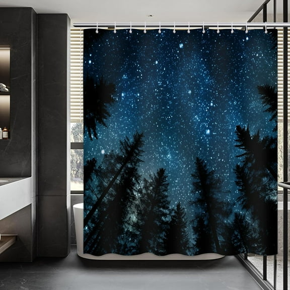 Forest Shower Curtain, Galaxy Shower Curtain, Tree Shower Curtain, Forest Shower Curtain for Men, Night Sky Natural Aesthetics Scenery Bathroom Decor Set with12 Hooks 72x72 inches
