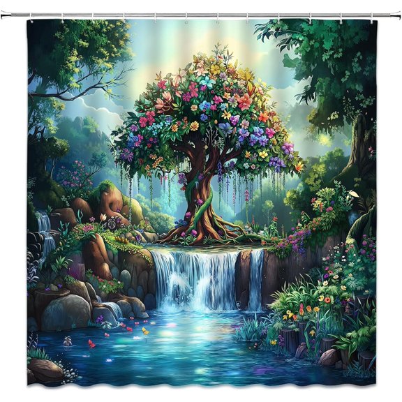 Forest Shower Curtain Green Tree Waterfall Floral Lake Nature Rainforest Fabric Bathroom Curtain Set with Hooks-36"W x 72"L (Pack of 1)