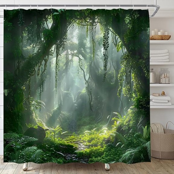 Forest Shower Curtain Jungle Spring Green Tree Nature Scenic Forest Tropical Rainforest Fabric Bathroom Decor Set With Hooks 72"W x 72"L