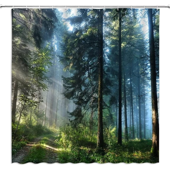 Forest Shower Curtain Nature Green Trees Misty Forest Scenery Sunshine Scene Spring Plant Landscape Fabric Bathroom Decor Set with Hooks(84" Wx70 H)