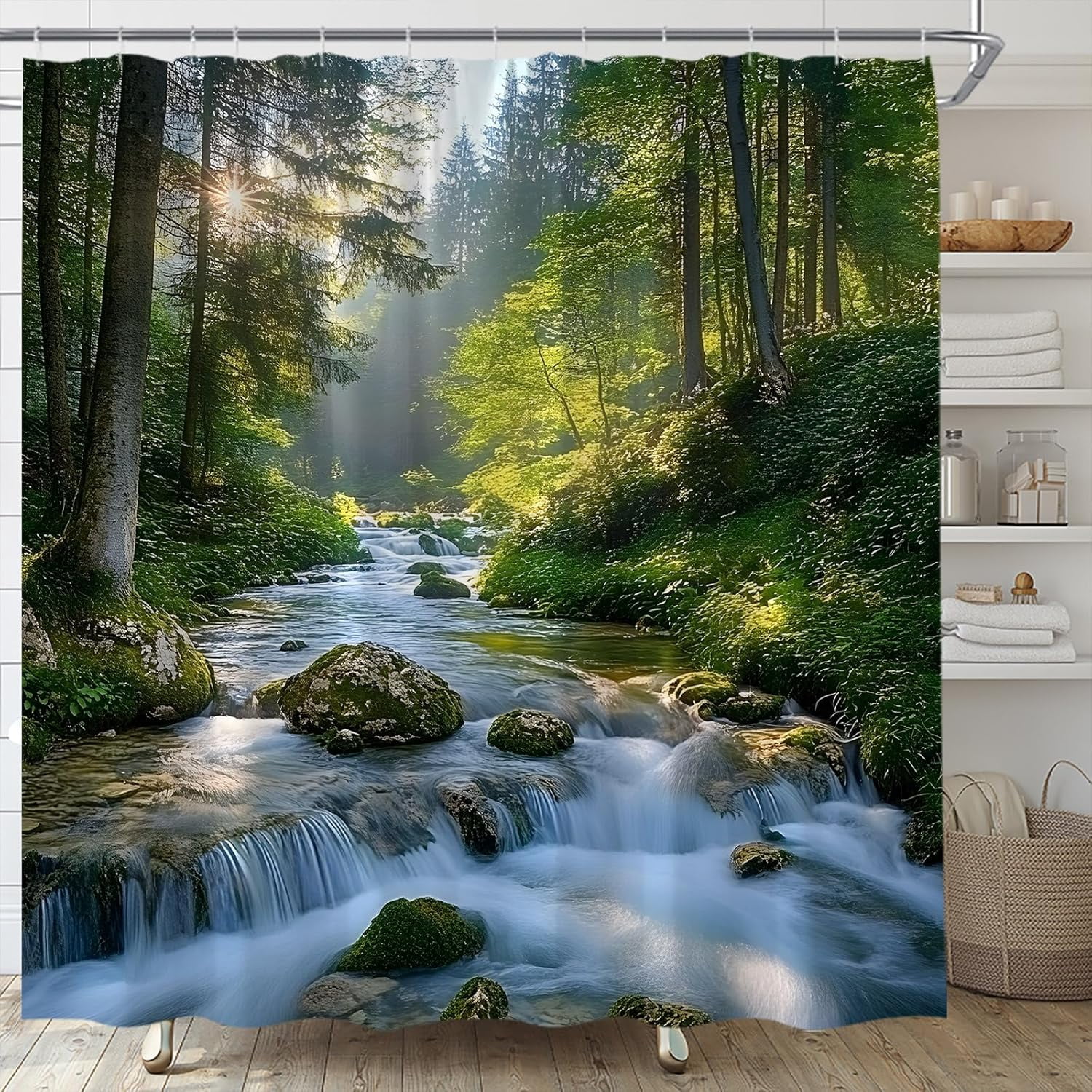 Forest Shower Curtain Nature Jungle Forest Waterfall Green Tree River Tropical Rainforest Scenery Fabric Bathroom Decor Set with Hooks-72"W x 72"L (Pack of 1)
