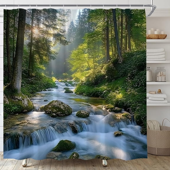 Forest Shower Curtain Nature Jungle Forest Waterfall Green Tree River Tropical Rainforest Scenery Fabric Bathroom Decor Set with Hooks-72"W x 84"L (Pack of 1)