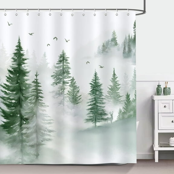 Forest Shower Curtain, Nature Pine Tree Misty Woodland Green Bathroom Decor Polyester Fabric Waterproof Bath Curtain with 12 Hooks