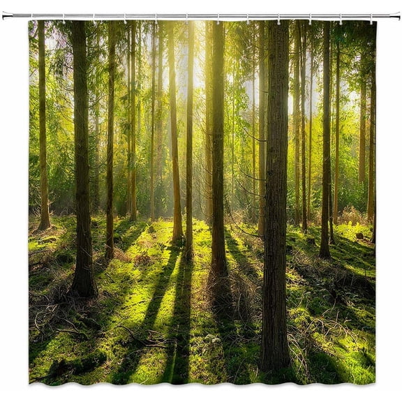 Forest Shower Curtain Nature Spring Forest Britht Sunshine Tree Green Leaves Fresh Grass Woodland Landscape Misty Art Print Fabric Bathroom Decor Set with Plastic hookss,(84" Wx70 H)