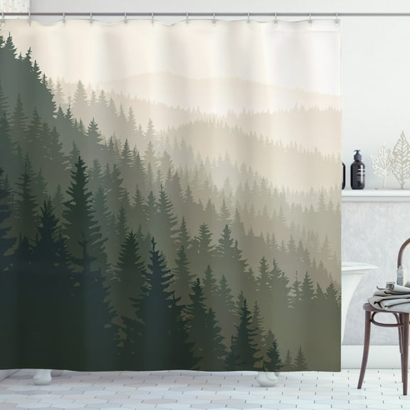 Forest Shower Curtain, Northern Parts of the World with Coniferous Trees Scandinavian Woodland, Fabric Bathroom Set with Hooks, 69W X 75L Inches Long, Cream Tan Dark Green, by Ambesonne