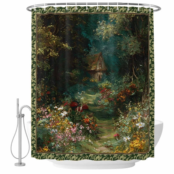 Forest Shower Curtain, Waterproof Shower Curtains for Bathroom, Spring Oil Painting Country Cabin Trees Flower Washable Fabric Bathtub Curtain Set Bath Decor with 12 Hooks Long 72"x84"