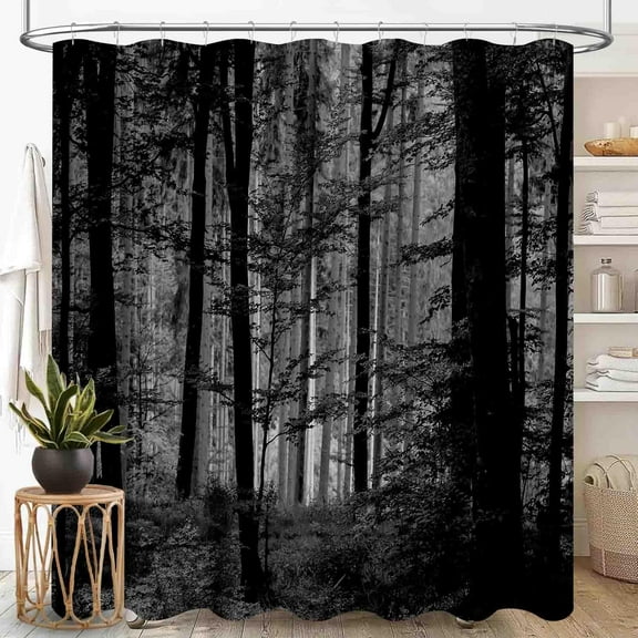 Forest Shower Curtains, Gothic Misty Foggy Jungle Nature Forest Mountain Landscape Scenery Woodland Goth Dark BlackWaterproof Fabric Bathroom Shower Curtain Set with Hooks
