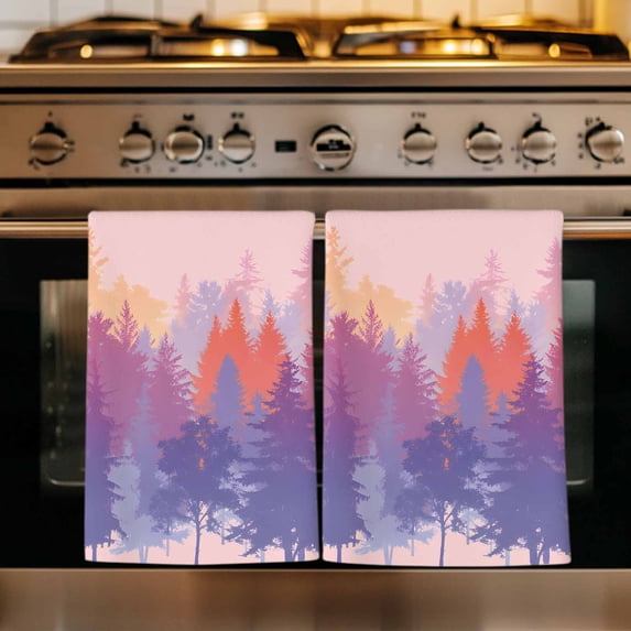 Forest Silhouette Kitchen Towels Set of 4, Retro Abstract Watercolor Forest Trees Pink Absorbent Dish Towels for Kitchen, Microfiber Hand Towel, Quick Drying Tea Towel for Cleaning Dishcloths