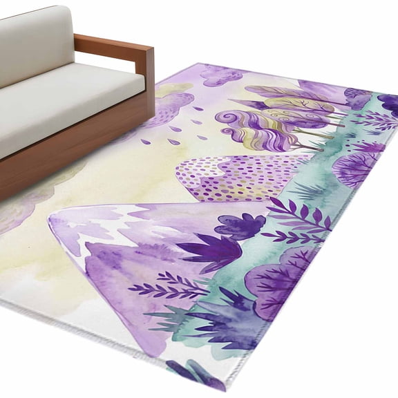 Forest Simple Line-drawing Area Rug 4x6 Washable Rug Non Slip Purple Colorful Tree Grass Large Area Rug Indoor Floor Carpet for Entryway Bedroom Kitchen Living Room Home Office Dining Room Nursery
