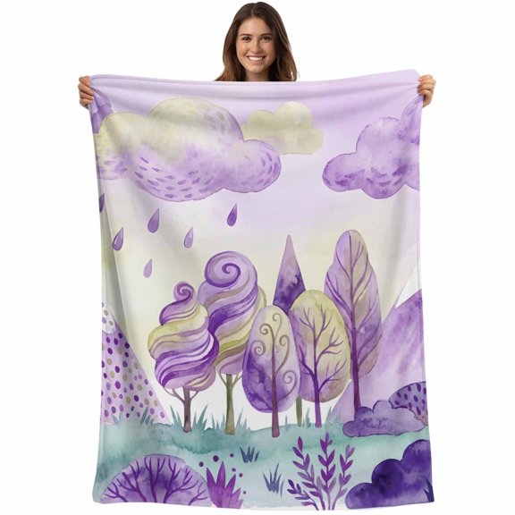 Forest Simple Line-drawing Blanket Soft Cozy Warm Throw Blanket for Couch, Plush Fuzzy Flannel Fleece Blankets for Sofa, Purple Colorful Tree Grass Bed Blankets Lightweight Gifts for Women, 30"x40"