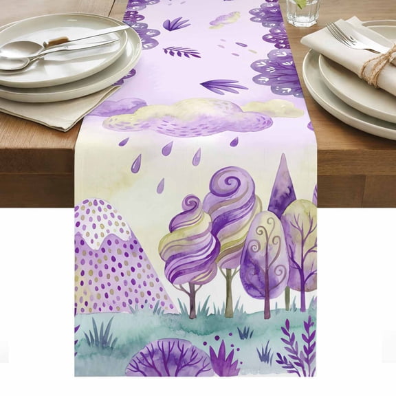 Forest Simple Line-drawing Table Runner Purple Colorful Tree Grass Tablerunners 13 x 36 Inch, Table Decorations Tabletop Scarf for Summer Gathering Holiday Farmhouse Kitchen Dining Decor