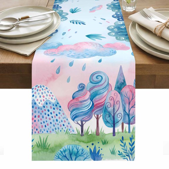 Forest Simple Line-drawing Table Runner Rainy Colorful Tree Grass Tablerunners 18 x 72 Inch, Table Decorations Tabletop Scarf for Summer Gathering Holiday Farmhouse Kitchen Dining Decor