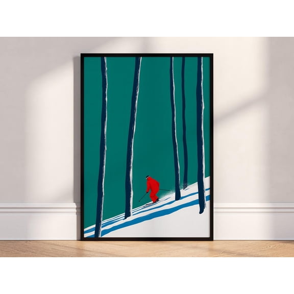 Forest Ski Tracks Skier Trees Minimalist Winter Art, Unframed Poster