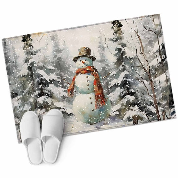 Forest Snowman, 2'x3' Washable Rug, Christmas Winter Snowy Tree Non-Slip Soft Doormat Area Rugs for Entrance Bathroom Bedsides, Carpet for Kitchen Bedroom, Entryway Floor Mat