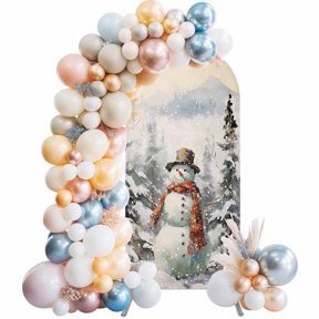 Forest Snowman Arch Backdrop Cover 4x1.65 Ft, Spandex Wedding Arch Stand Cover, Christmas Winter Snowy Tree Round Top Stretch Fitted Background Covers for Birthday Ceremony Party Decor