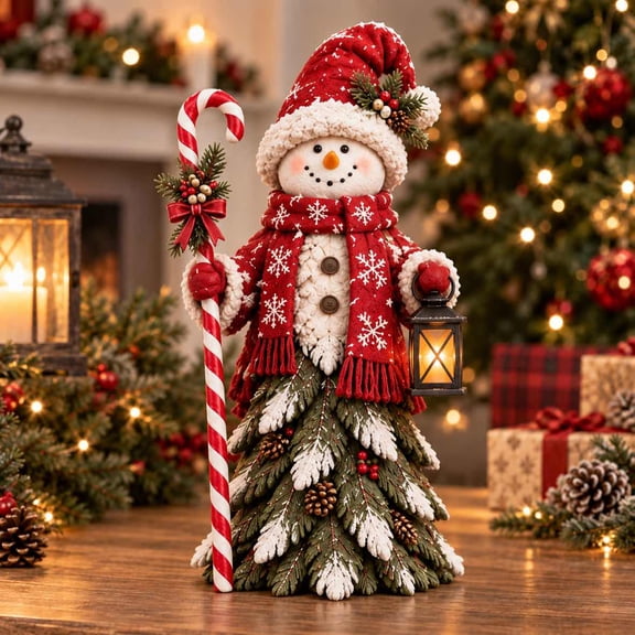 Forest Snowman Christmas Figurines, Resin Hand Painted Tabletop Holiday Decor with Pinecones & Woodland Animal Details, Winter Mantel Shelf Indoor Ornament, Housewarming Christmas Gift