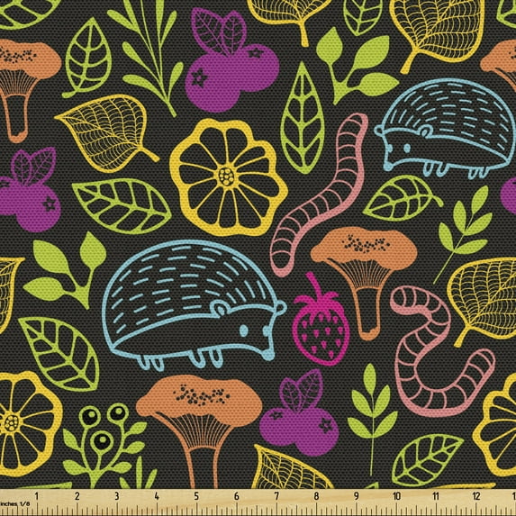 Ambesonne Forest Fabric by the Yard Upholstery, Hedgehog Worms and Plants, 2 Yards, Multicolor