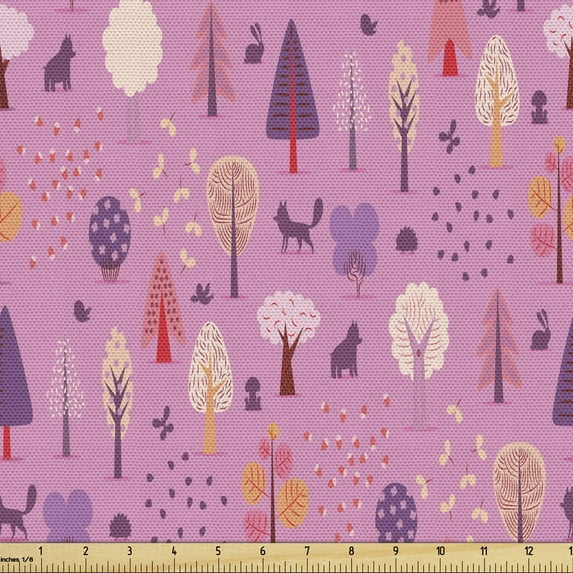 Forest Sofa Upholstery Fabric by the Yard, Nature Image of Trees Pines and Wild Animal as Wolf Rabbit and Bird in Cartoon Style, Decorative Fabric for DIY and Home Accents, Multicolor by Ambesonne