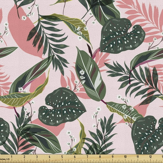 Ambesonne Forest Fabric by the Yard Upholstery, Jungle Tropical Foliage Leaf, 10 Yards, Pale Pink and Dark Green