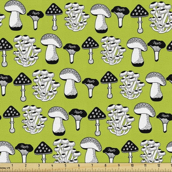 Forest Sofa Upholstery Fabric by the Yard, Woodland Theme Along Mushrooms Mother Nature Plants Vegetables Cooking, Decorative Fabric for DIY and Home Accents, Lime Green Charcoal Grey by Ambesonne