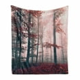 thumbnail image 1 of Forest Soft Flannel Fleece Blanket, Autumn Season Mystic Foggy Fall Nature and Enchanted Woods Wild Trees Print, Cozy Plush for Indoor and Outdoor Use, 50" x 70", Brown Grey and Red, by Ambesonne, 1 of 6