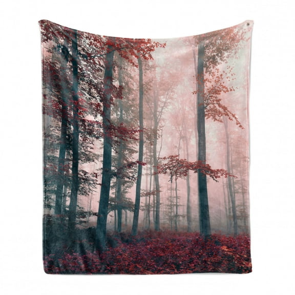 Forest Soft Flannel Fleece Blanket, Autumn Season Mystic Foggy Fall Nature and Enchanted Woods Wild Trees Print, Cozy Plush for Indoor and Outdoor Use, 60" x 80", Brown Grey and Red, by Ambesonne