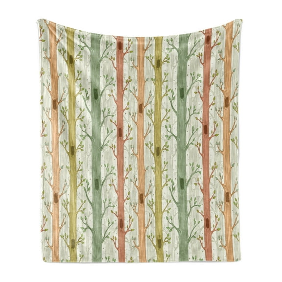 Forest Soft Flannel Fleece Blanket, Bird Nest in Trees Blossom Leaves Earthy Tones Cartoon Like Illustration, Cozy Plush for Indoor and Outdoor Use, 50" x 70", Ivory and Multicolor, by Ambesonne