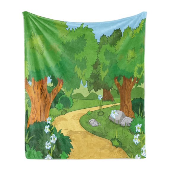 Forest Soft Flannel Fleece Blanket, Children Cartoon Environment Woodland Park with Pathway Blossoming Flowers and Trees, Cozy Plush for Indoor and Outdoor Use, 70" x 90", Multicolor, by Ambesonne