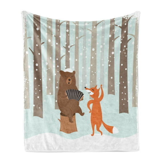 Forest Soft Flannel Fleece Blanket, Christmas Bear Playing Accordion and Fox Dancing in Winter Forest Noel Celebration, Cozy Plush for Indoor and Outdoor Use, 60" x 80", Multicolor, by Ambesonne