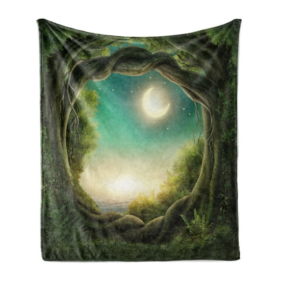 Forest Soft Flannel Fleece Blanket, Curly Branches Trees in Enchanted Forest Full Moon in Night Sky Illustration, Cozy Plush for Indoor and Outdoor Use, 60" x 80", Cream Green Teal, by Ambesonne
