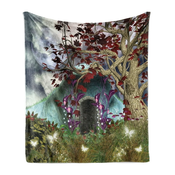 Forest Soft Flannel Fleece Blanket, Dark Gothic Themed Fairytale Scene with Magic Tree and Secret Cave Moon Illustration, Cozy Plush for Indoor and Outdoor Use, 50" x 70", Multicolor, by Ambesonne