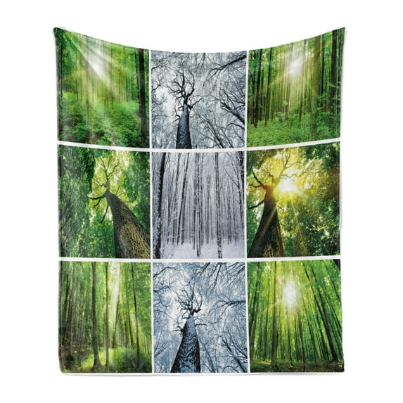 Forest Soft Flannel Fleece Blanket, Green and Black Rainforest Tree Branches in Spring and Winter Woodland Collage, Cozy Plush for Indoor and Outdoor Use, 50" x 60", Green and White, by Ambesonne