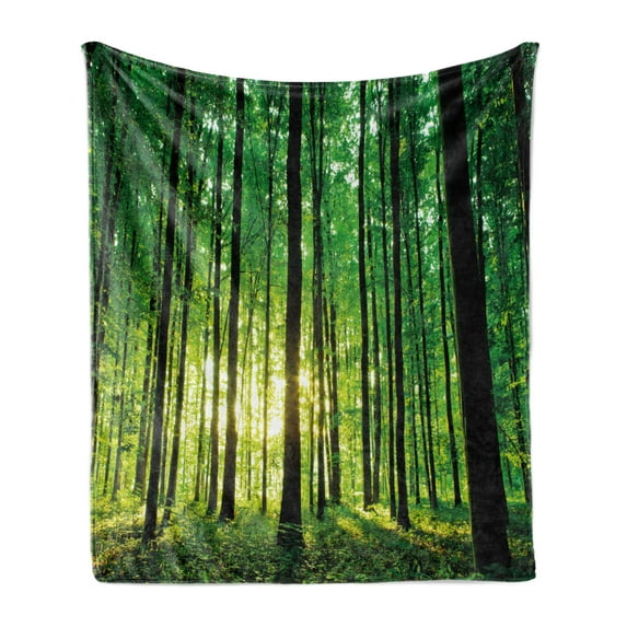 Forest Soft Flannel Fleece Blanket, Green Woodland at Sunrise Scenic Morning Nature Environment Ecology Serenity, Cozy Plush for Indoor and Outdoor Use, 50" x 70", Green Black Yellow, by Ambesonne