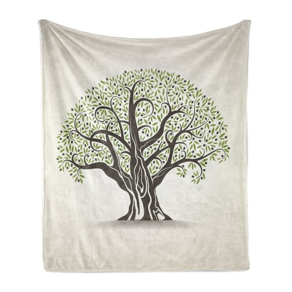 Forest Soft Flannel Fleece Blanket, Old Tree Along Curved Leaves Woodland Themed Eco Mediterranean Foliage, Cozy Plush for Indoor and Outdoor Use, 50" x 70", Olive Green and Eggshell, by Ambesonne