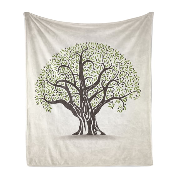 Forest Soft Flannel Fleece Blanket, Old Tree Along Curved Leaves Woodland Themed Eco Mediterranean Foliage, Cozy Plush for Indoor and Outdoor Use, 70" x 90", Olive Green and Eggshell, by Ambesonne
