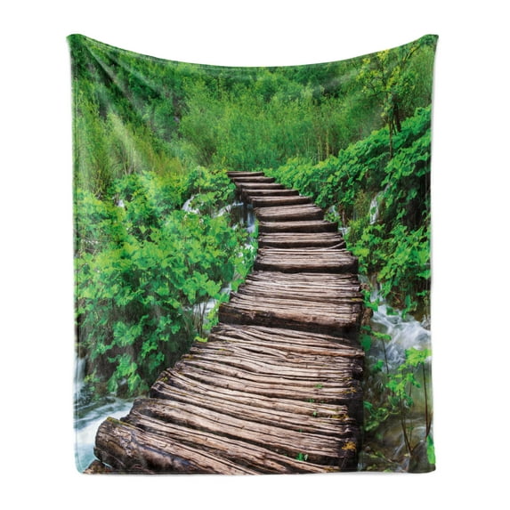 Forest Soft Flannel Fleece Blanket, Pathway in Pond over the Lake Natural Organic Life Rainforest's into the Wild Photo, Cozy Plush for Indoor and Outdoor Use, 60" x 80", Brown Green, by Ambesonne