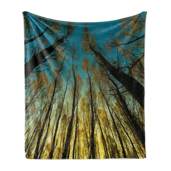 Forest Soft Flannel Fleece Blanket, Rural Scenery with Trees Reaching out to Sky at Sunrise Nature Pastoral Image, Cozy Plush for Indoor and Outdoor Use, 60" x 80", Yellow Blue Black, by Ambesonne