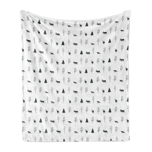 Forest Soft Flannel Fleece Blanket, Scandinavian Doodle of Reindeers and Foxes in the Woodland Trees Nature, Cozy Plush for Indoor and Outdoor Use, 50" x 70", Dark Taupe Grey White, by Ambesonne
