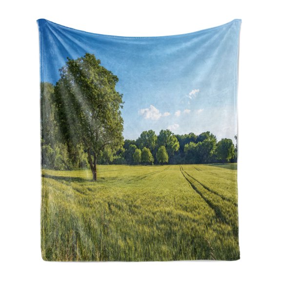 Forest Soft Flannel Fleece Blanket, Tree Field and Fresh Green Meadow with Open Blue Sky Uplifting Day in Nature Picture, Cozy Plush for Indoor and Outdoor Use, 50" x 60", Green Blue, by Ambesonne