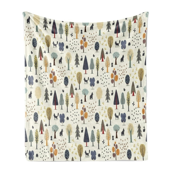 Forest Soft Flannel Fleece Blanket, Forest Trees Woodland Pine Oak Bush Chestnut Acorn Mother Nature Doodle Illustration, Cozy Plush for Indoor and Outdoor Use, 50" x 70", Multicolor, by Ambesonne