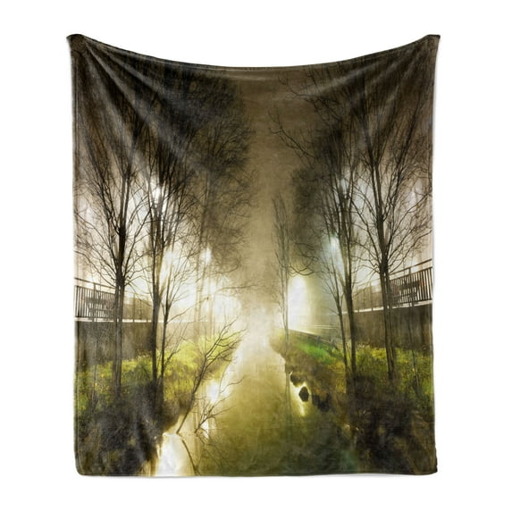 Forest Soft Flannel Fleece Blanket, Water Channel Foggy Weather Trees Grass City Street at Winter Night Mystery, Cozy Plush for Indoor and Outdoor Use, 50" x 60", White Green Brown, by Ambesonne