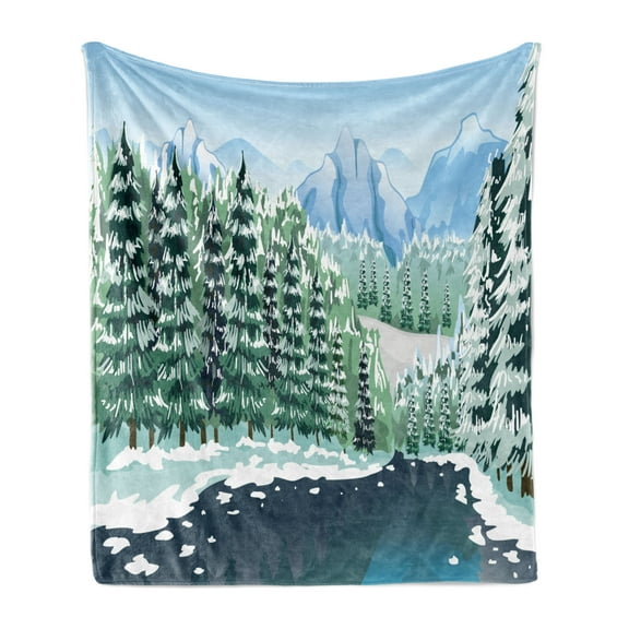 Forest Soft Flannel Fleece Blanket, Wildwood in Winter Season with Snowy Mountains and Frozen River Cartoon Style, Cozy Plush for Indoor and Outdoor Use, 50" x 70", Green Blue White, by Ambesonne
